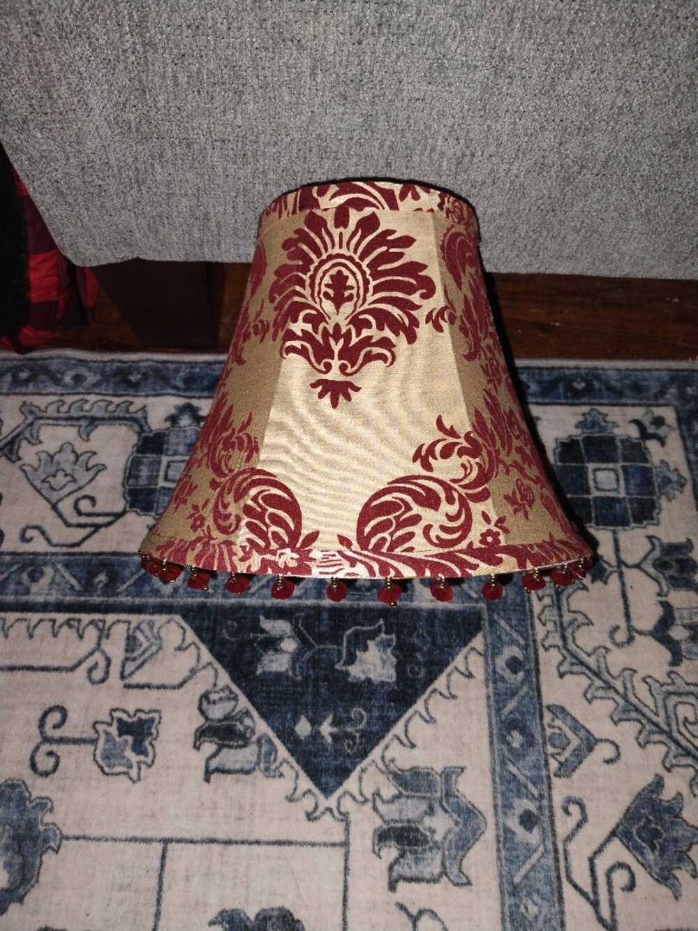 Lampshade-gold fabric with red velvet damask toile pattern; 5" /10" (top/bottom)